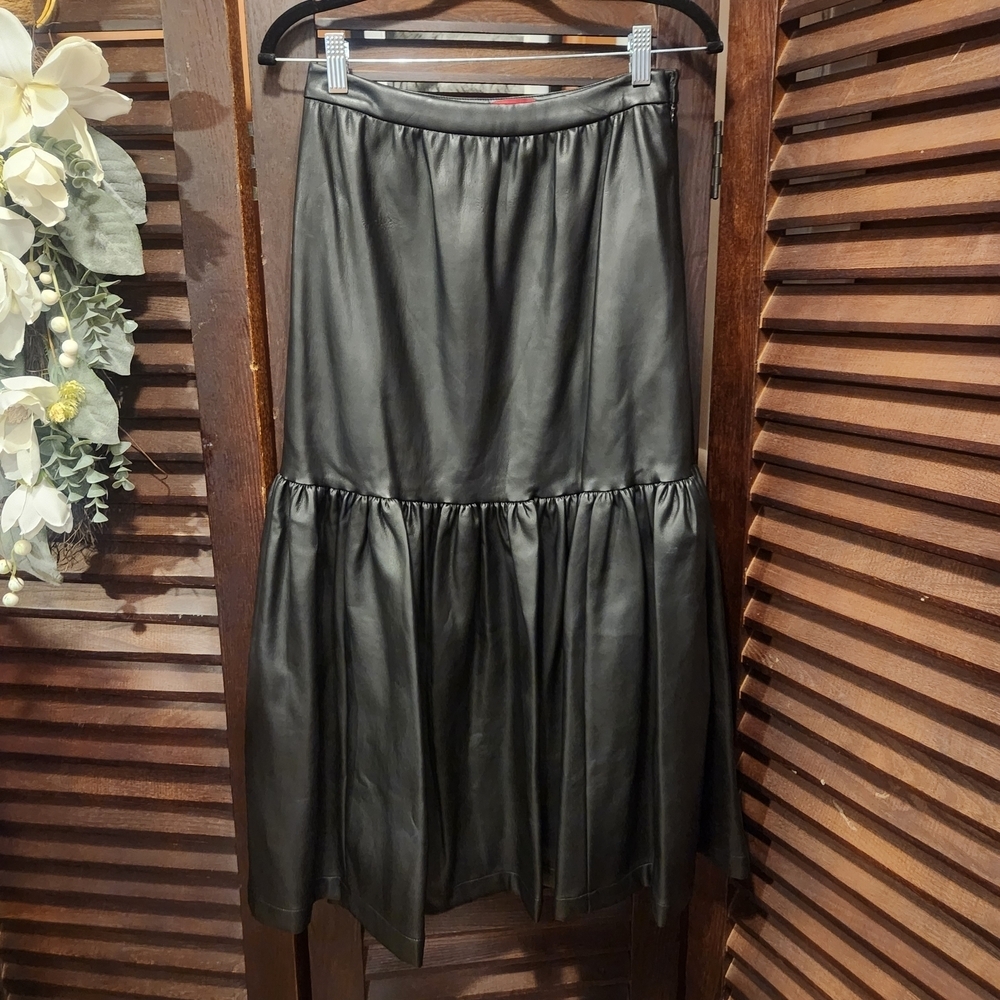 STAUD Black A-Line Leather Skirt